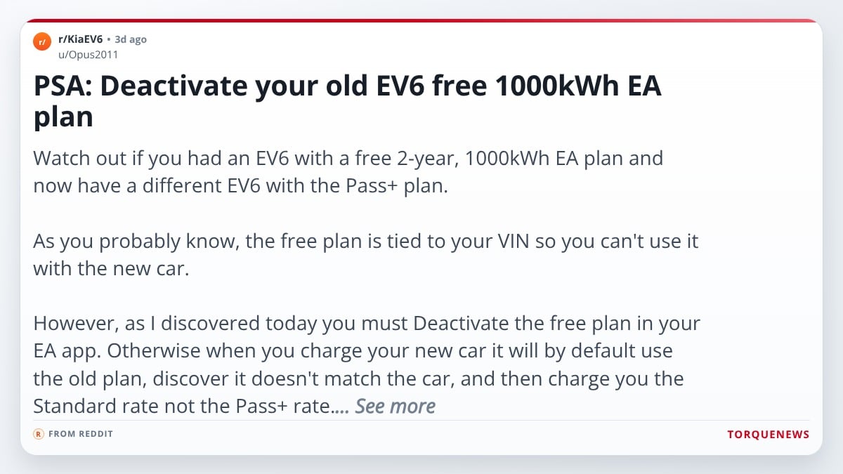 Reddit post screenshot warning Kia EV6 owners to deactivate old 1000kWh Electrify America charging plan.