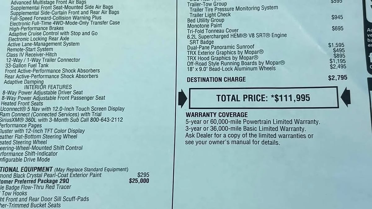2027 Ram 1500 TRX Srt Crew Cab 4x4 Monroney showing 5-year 60,000 mile warranty