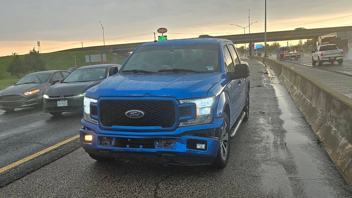2029 Ford F-150 on a rain soaked road after an accident in Texas