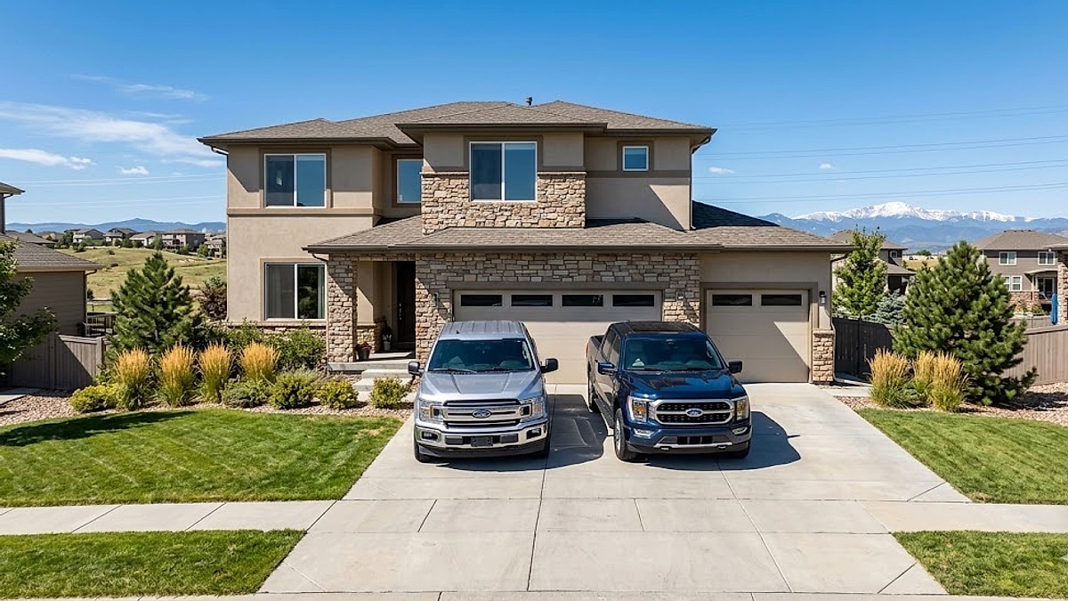 A 2018 Ford F-150 and a 2025 Ford F-150 parked side-by-side in a suburban Colorado driveway, featuring scenic Rocky Mountain peaks and clear blue skies in the background