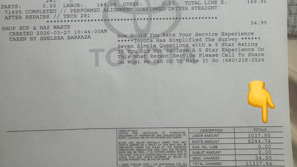 A 2022 Toyota Highlander XLE V6 owner's bill from Toyota for the transmission repair totaling $12,000