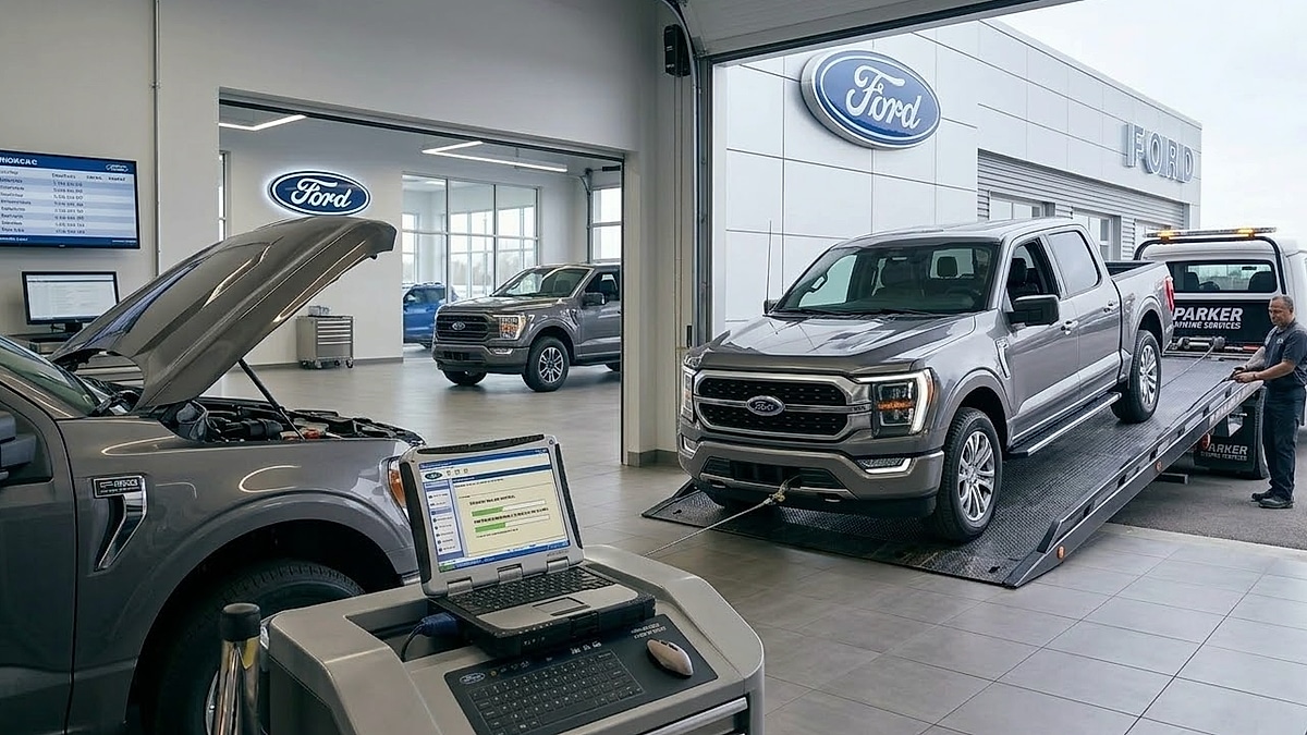 A 2024 Ford F-150 being towed to the dealer after a breakdown