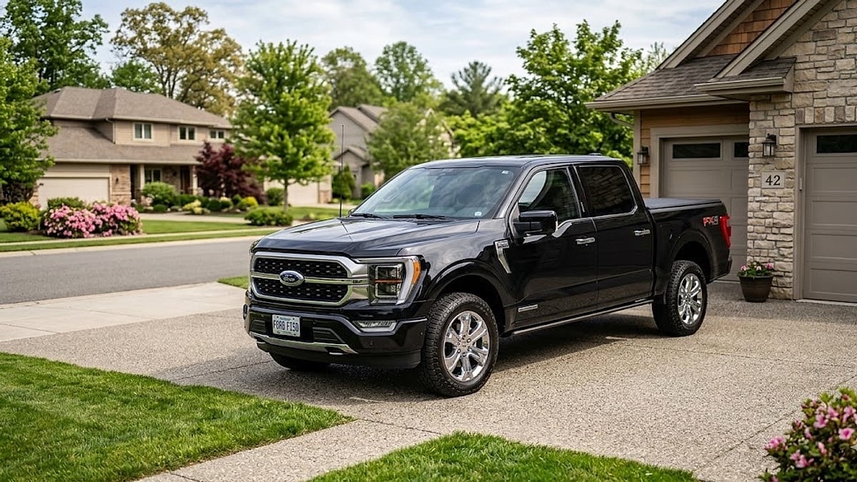 A 2024 Ford F-150 in a suburban driveway highlights the real-world setting where owners must monitor Coyote V8 oil levels
