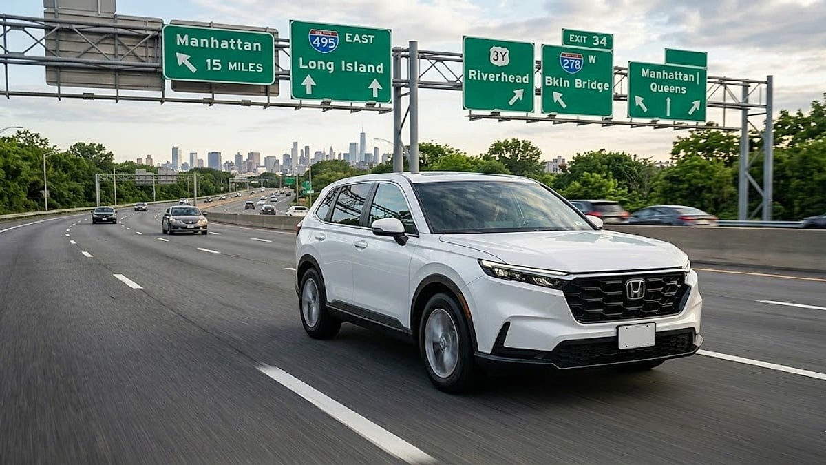 A 2024 Honda CR-V travels towards New York City on a bustling highway under clear green directional signs
