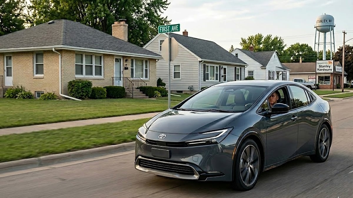 A 2024 Toyota Prius XLE AWD driving down a quiet, residential Stanley, Wisconsin street on 'First Avenue' with the water tower and 'Stanley Hardware' visible in the distance