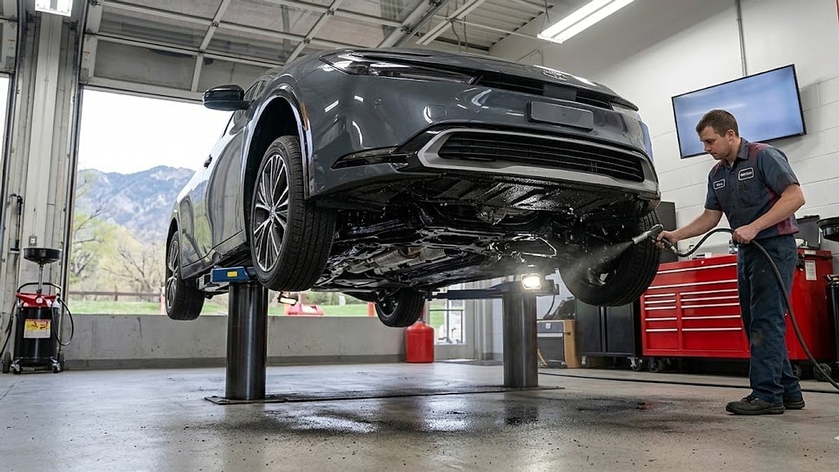 A 2024 Toyota Prius XLE AWD on a service lift, receiving a protective, layered undercoating applied by a technician's nozzle