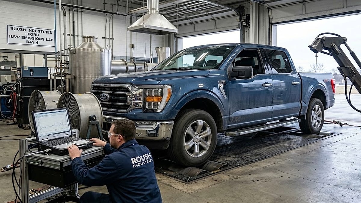 A 2025 Ford F-150 on a dynamometer for mandatory Roush Industries EPA emissions and fuel economy certification testing