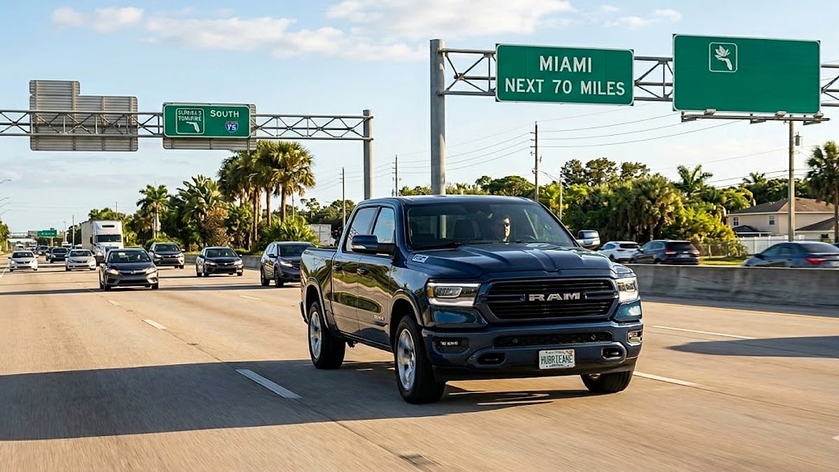 A 2025 Ram 1500 'Hurricane' truck drives on a clear, multi-lane Florida highway, showcasing its performance and presence
