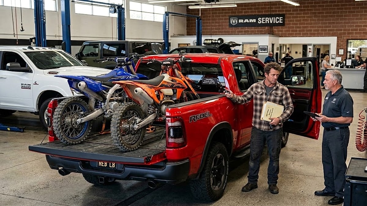 A 2025 Ram Rebel with dirt bikes in the bed undergoes service as the owner discusses electrical issues and warranty work