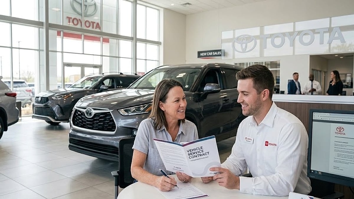 A 2025 Toyota Highlander owner smiles as she purchases a Vehicle Service Contract (NOT from Toyota) from a 'Jerry' salesperson in a bright showroom
