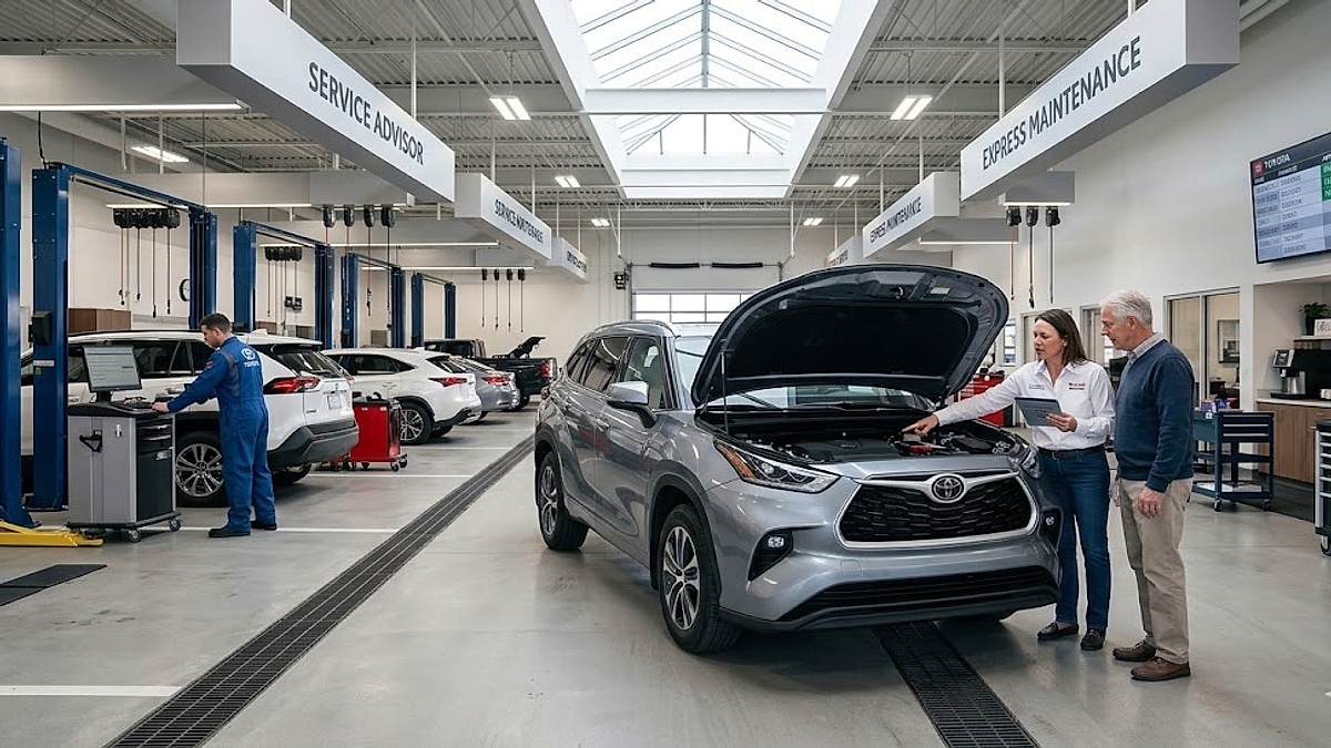 A 2025 Toyota Highlander receives expert diagnostics in a modern service bay while advisors discuss repairs with the owner