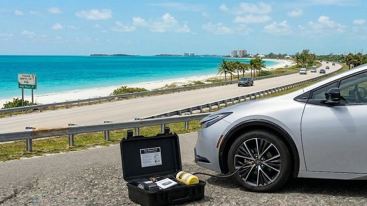 A 2025 Toyota Prius tire repair kit is open and active on the asphalt near a deflated tire, with a beautiful Florida coastal highway view