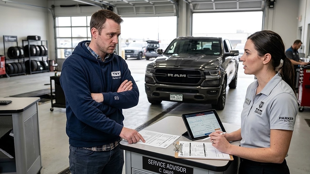 A 2026 Ram 1500 owner in Huntington, NY, discussing electronic faults with a service advisor during a recall diagnostic session