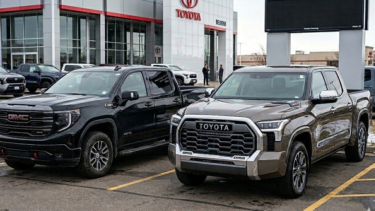 A 2026 Toyota Tundra 1794 Edition and GMC Sierra AT4 parked at a dealership, highlighting the owner's strategic reliability switch