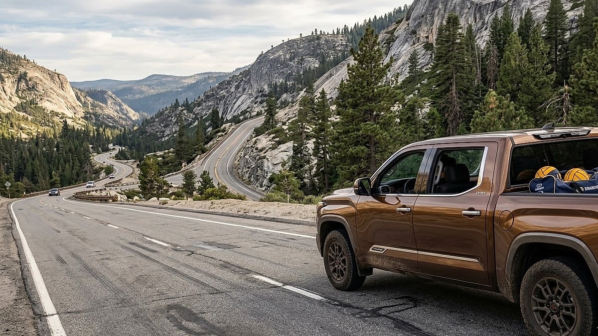 A 2026 Toyota Tundra 1794 Edition showcases its i-FORCE MAX reliability and TRD capability on a Northern California highway climb