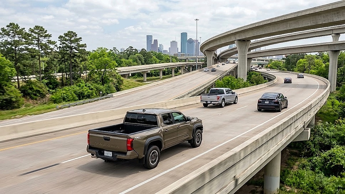 A 4th-Gen Tacoma navigates Houston’s elevated interchanges, showcasing multi-link suspension geometry on the way to the Toyota dealer for a trade-in