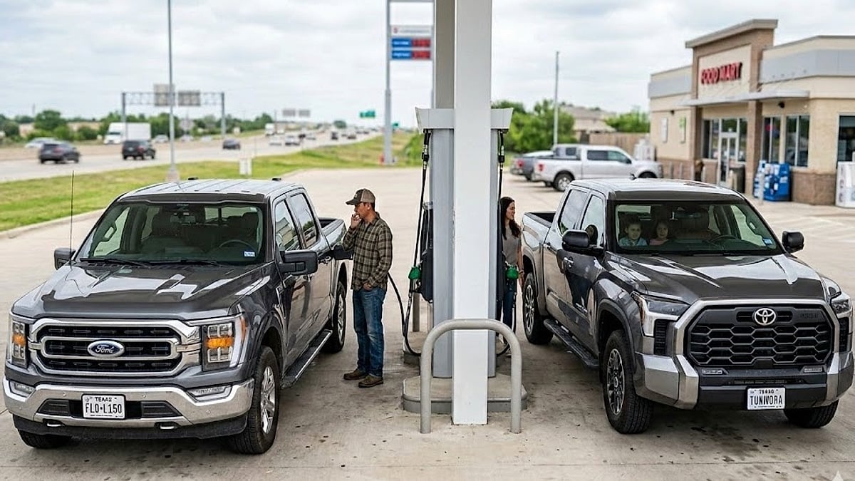 A Ford F-150 V8 and Toyota Tundra V6 refuel in Texas, highlighting real-world MPG comparison for full-size trucks