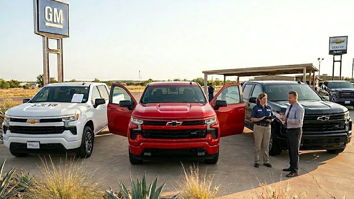 A GM salesman and a service advisor with a tablet stand in front of 3 Chevy trucks with a GM sign outside