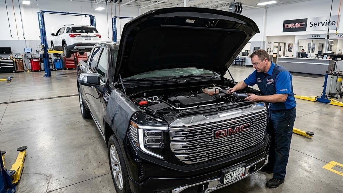 A GMC service technician utilizes a manifold gauge set to diagnose a customer’s air conditioning unit, ensuring peak system performance