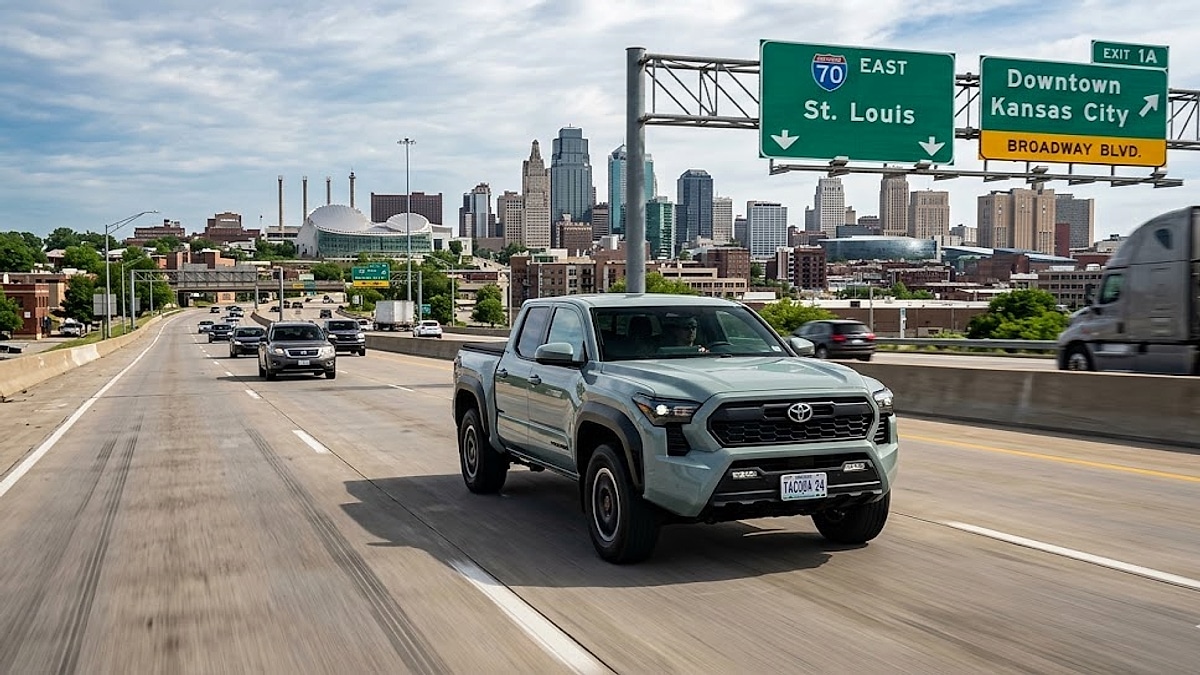 A Lunar Rock 2024 Toyota Tacoma TRD Off-Road Crew Cab truck driving on a multi-lane highway near Kansas City, Missouri