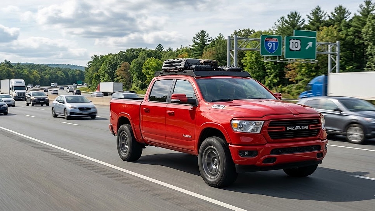 A Molten Red 2026 Ram 1500 Big Horn driving in Easthampton, Mass., showcasing the new Hurricane engine's powerful performance