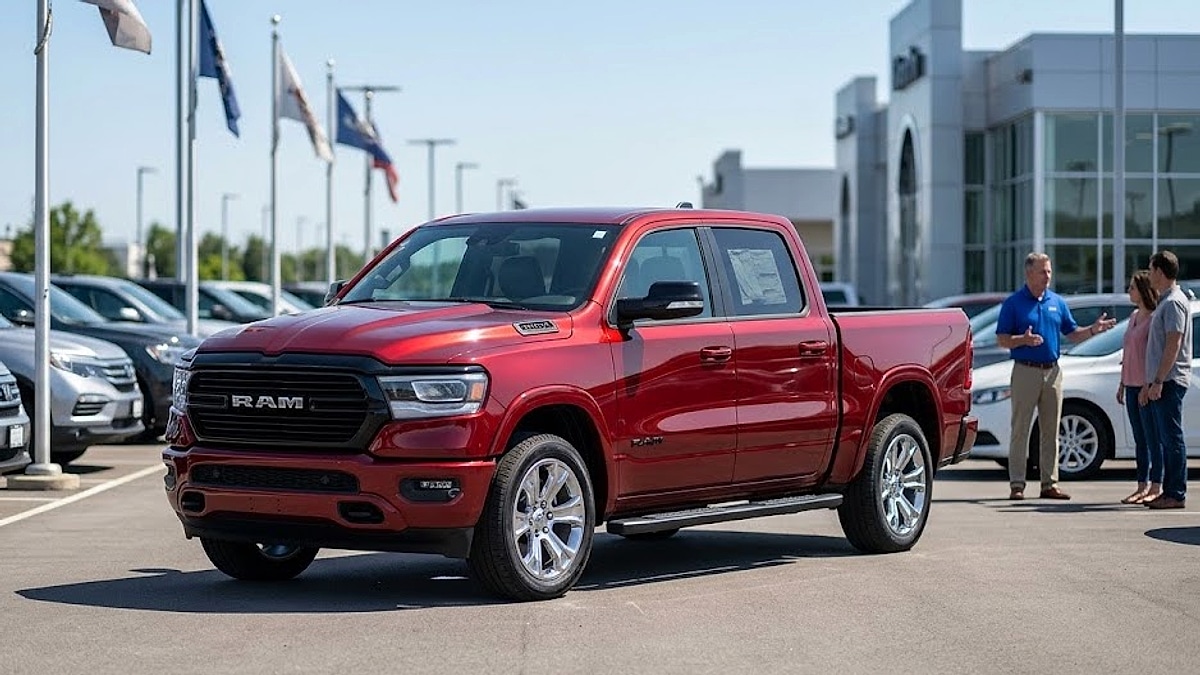 A Molten Red 2026 Ram 1500 Bighorn shines on a sunny dealership lot, showcasing the new Hurricane engine's high-performance design