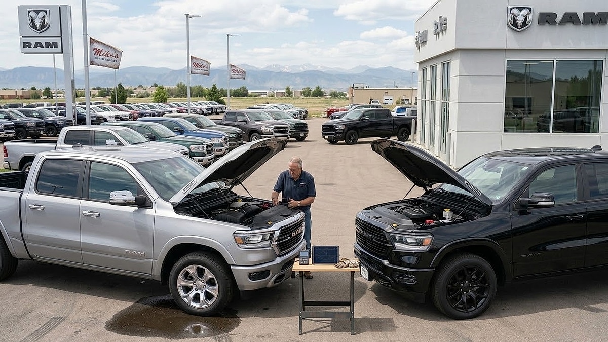 Ram tech evaluates the 2026 Ram Hemi and Hurricane inline-six engines at a Colorado dealership for torque performance