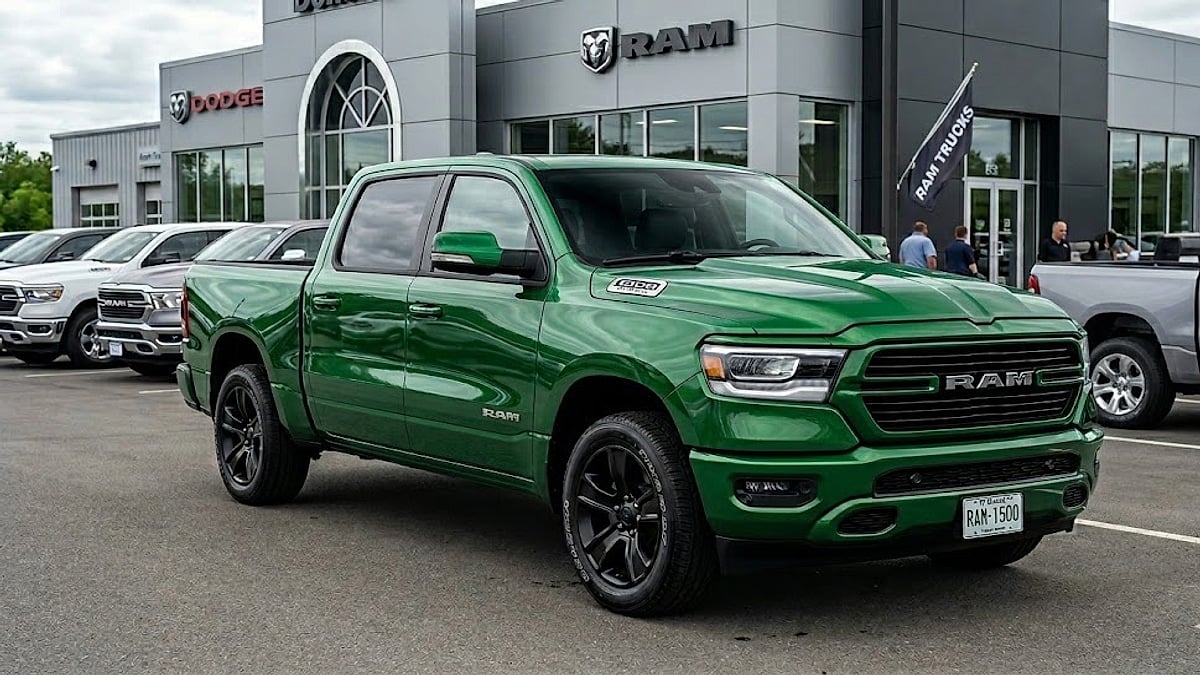 A Sorento green 2026 Ram 1500 truck stands ready for a test drive at a professional Dodge Ram dealership lot
