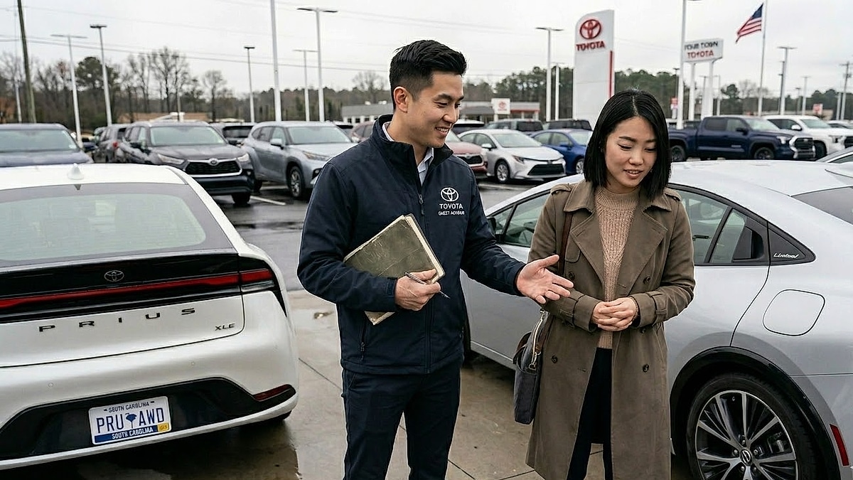 A South Carolina Toyota advisor shows a client the redesigned 2024 Prius Limited and XLE at a dealer lot