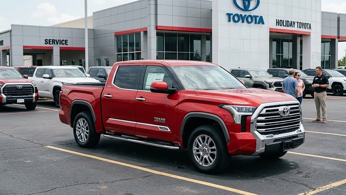 A Supersonic Red 2024 Toyota Tundra Texas Edition on a dealer lot in Holiday, Texas
