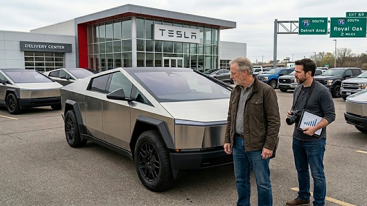 A Tesla Cybertruck delivery event near Detroit shows a technician explaining vehicle stats to a new owner