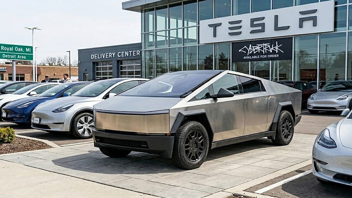 A Tesla Cybertruck stands at a Royal Oak delivery center, surrounded by other Tesla models under a modern showroom facade