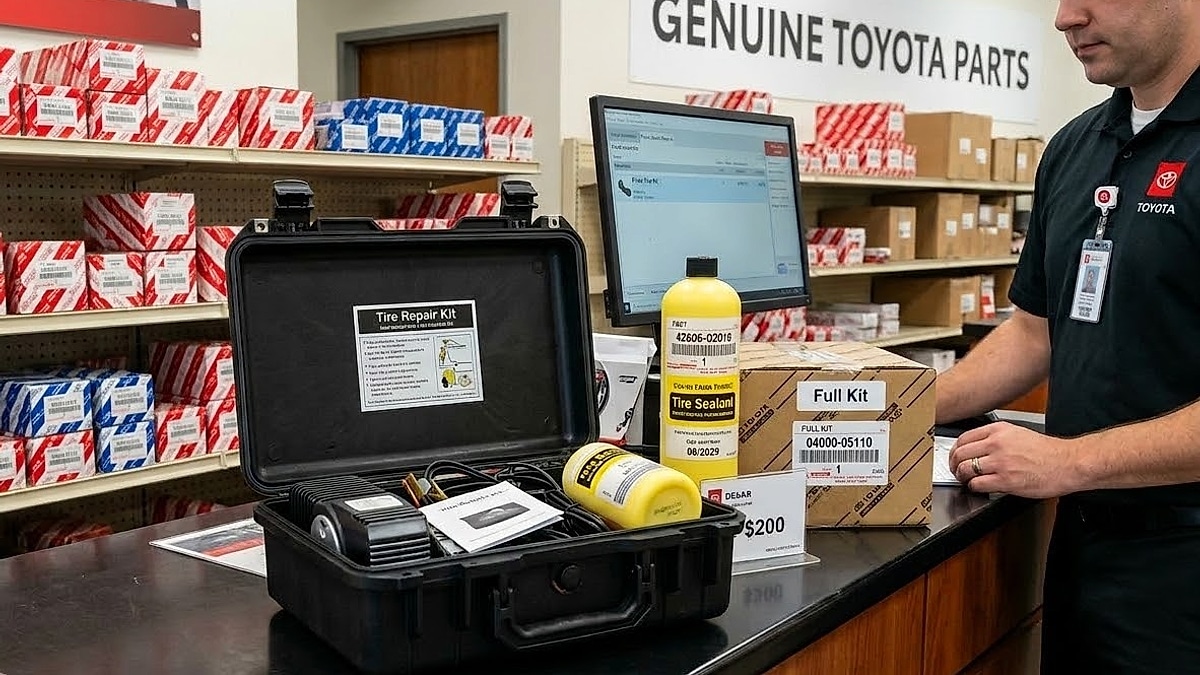 A Toyota dealership parts counter displaying a $200 'Full Kit' tire repair kit and a $50 replacement sealant bottle (Part #42606-02010), illustrating the price markup