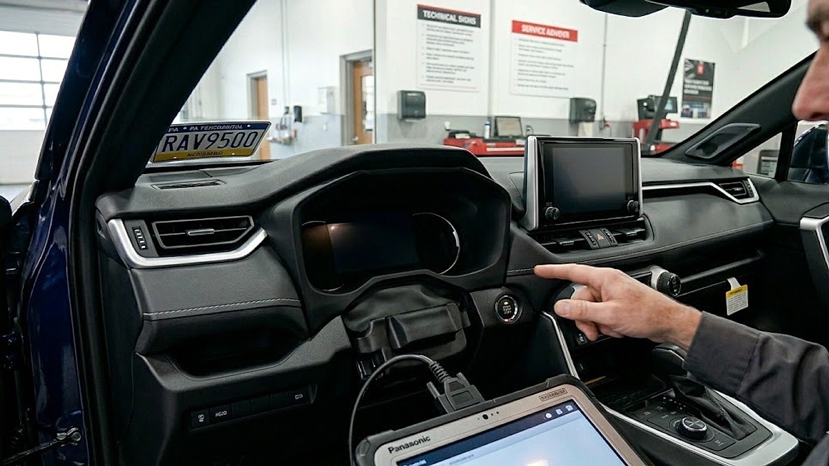 A Toyota tech documents the blank display screen on a 2025 Toyota RAV4 Prime