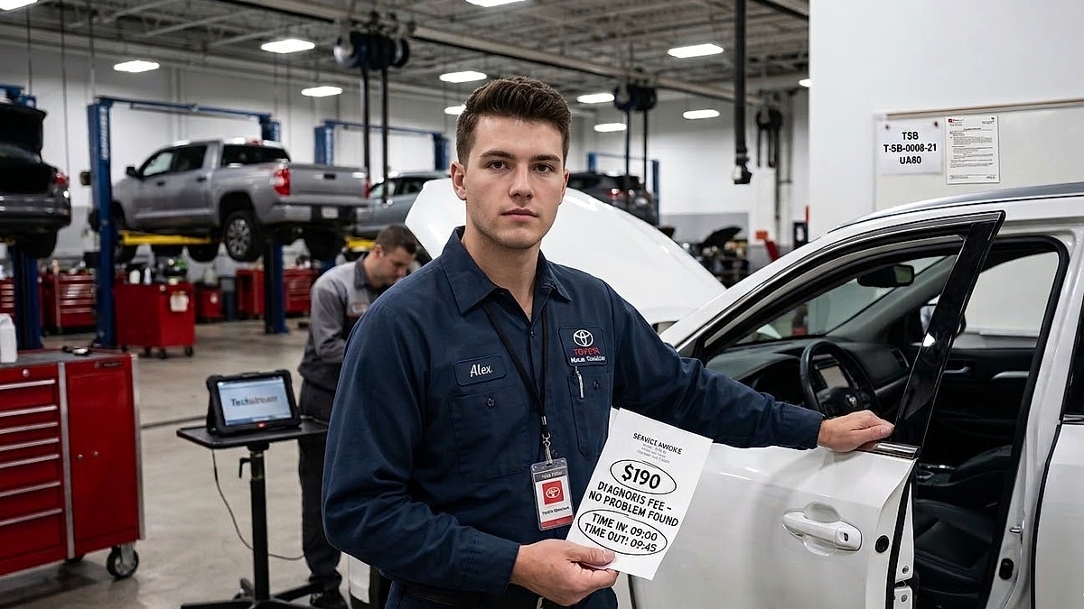 A Toyota technician hold the $190 diagnosis repair order for the Highlander's transmission