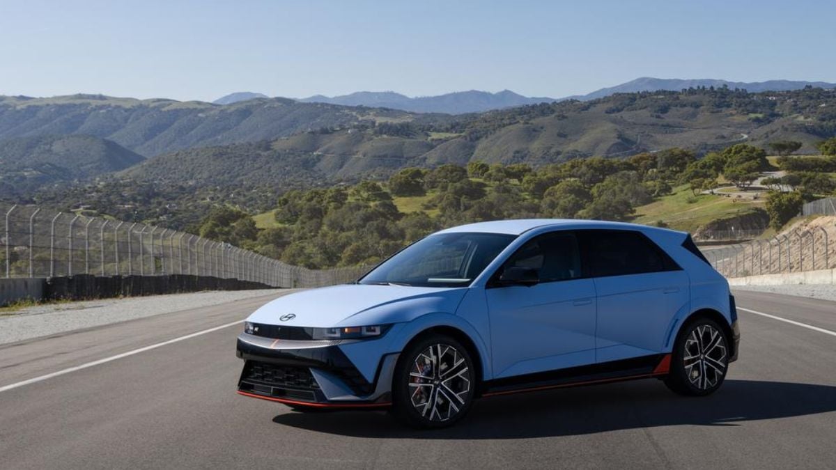 A beautiful mettalic blue Hyundai Ioniq in California nature