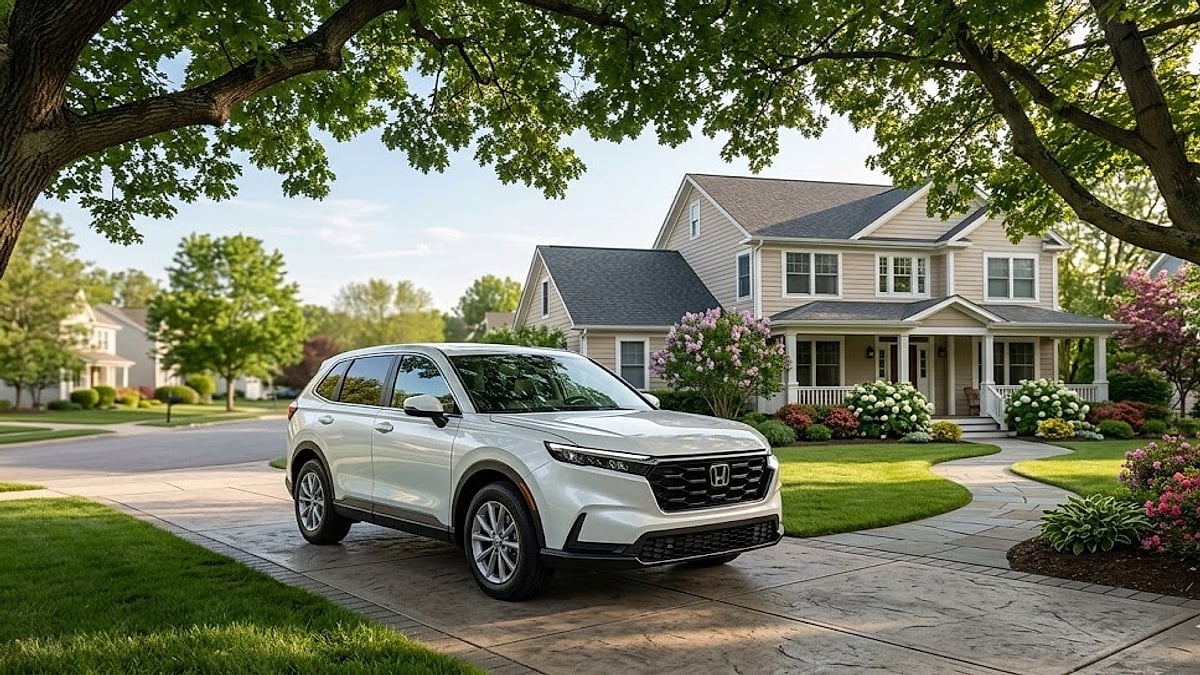 A beautiful white Honda CR-V in a New York home's driveway, under a tree canopy with a large colonial house