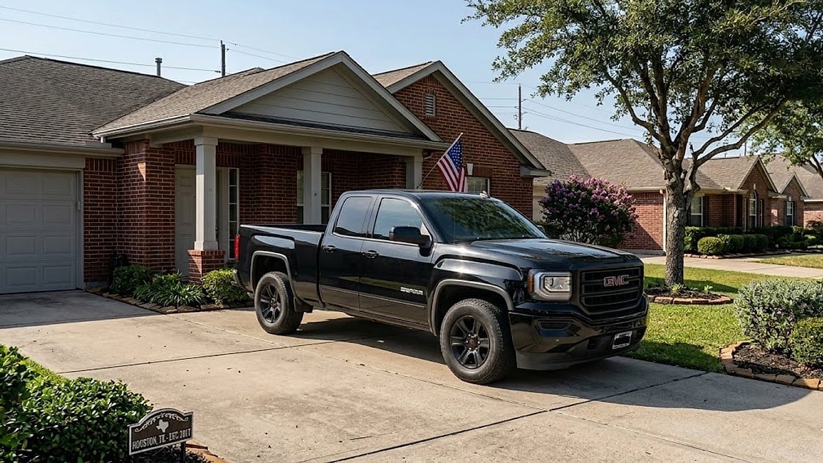 A black 2017 GMC Sierra double cab pickup truck parked in a suburban Houston residential driveway with brick homes