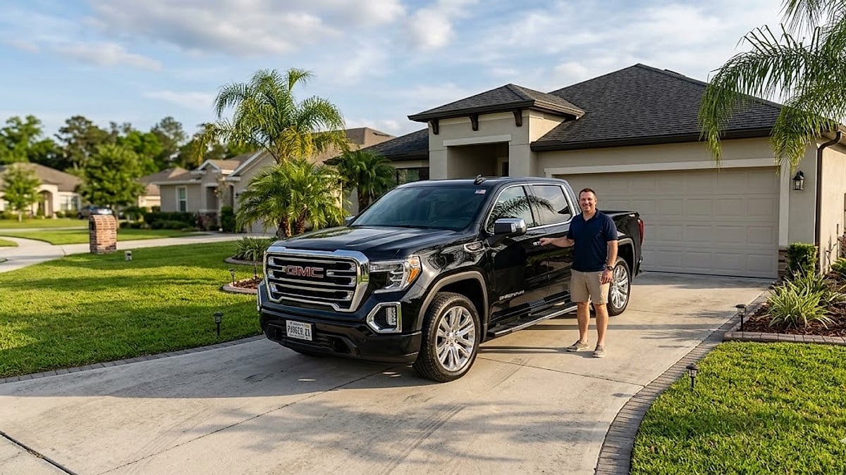 A black 2021 GMC Sierra pickup truck sits in a sunny Florida driveway, on a hot day that requires the truck's AC