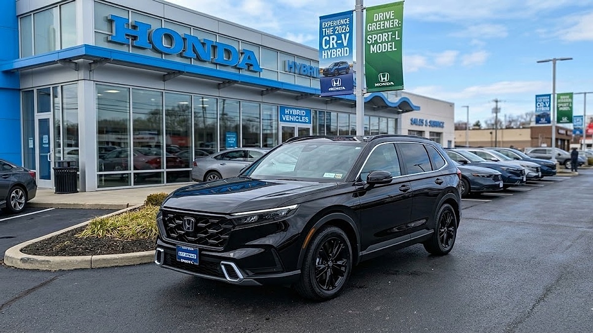 A black 2026 Honda CR-V Hybrid Sport-L SUV parked outside a modern, glassy Honda dealership with large blue branding on a clear day