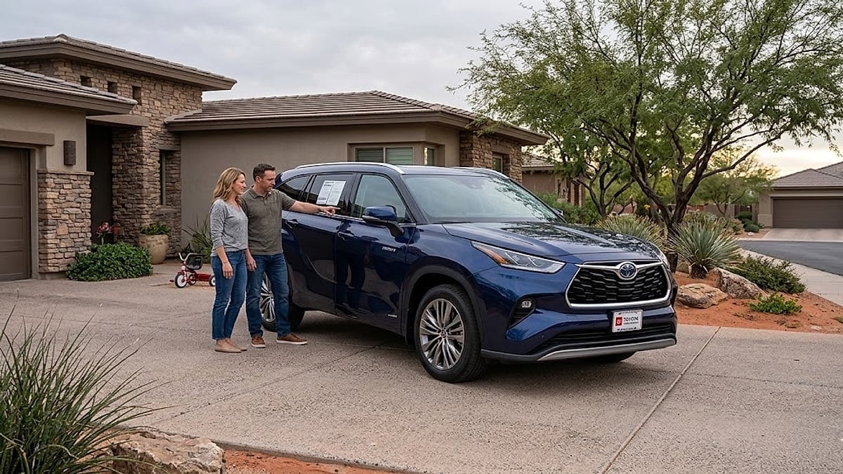 A blue Toyota Highlander parked in a suburban Arizona driveway as a couple examines the SUV's exterior features and design