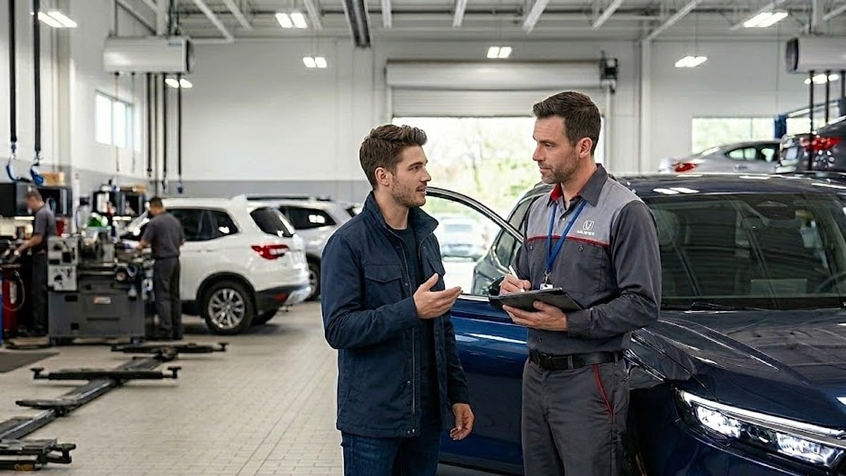 A car owner and service advisor discussing vehicle needs in a modern dealership garage, next to a dark blue vehicle