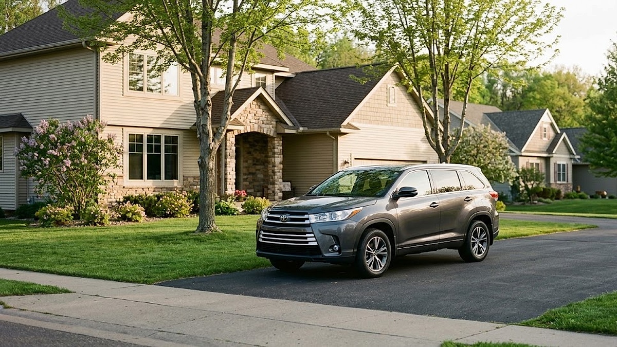 A charcoal gray 2019 Toyota Highlander Limited AWD is parked in a scenic Saint Croix Falls, Wisconsin suburban home driveway