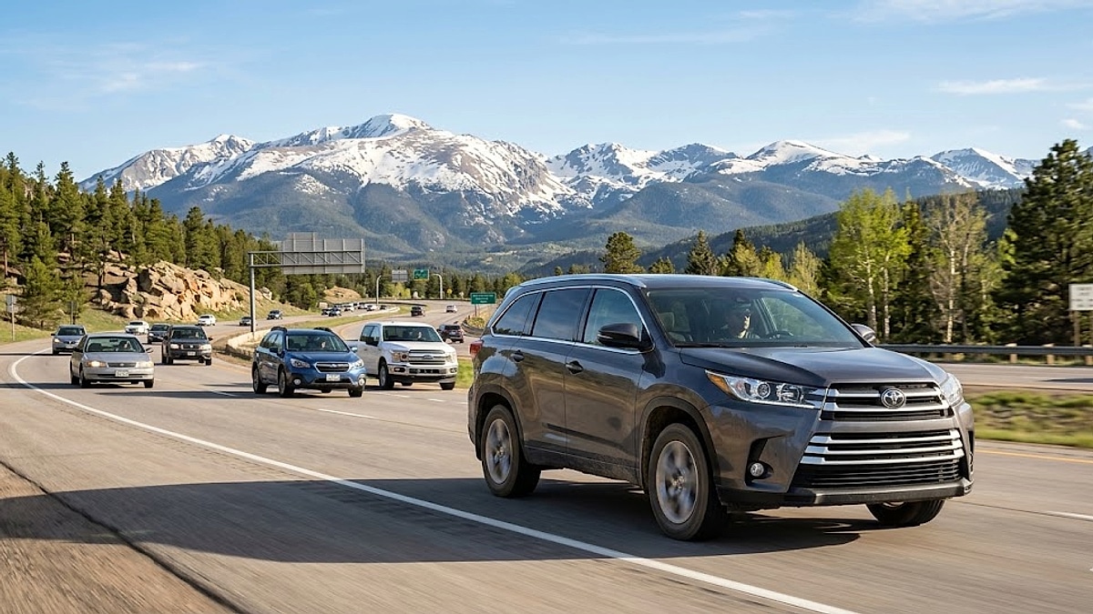A charcoal gray 2019 Toyota Highlander drives past snow-capped mountains on a Colorado highway, showcasing high-altitude performance and adventure