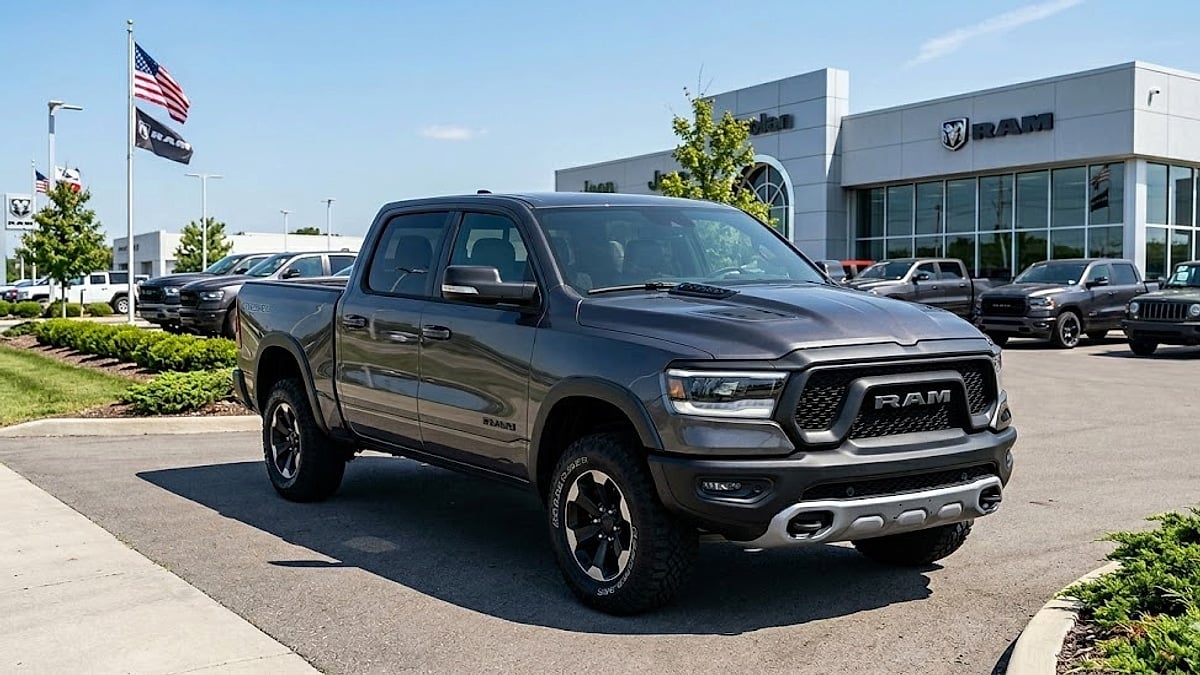 A charcoal-gray 2026 Ram Rebel pickup truck parked on a clean dealership lot under a clear blue sky and flags