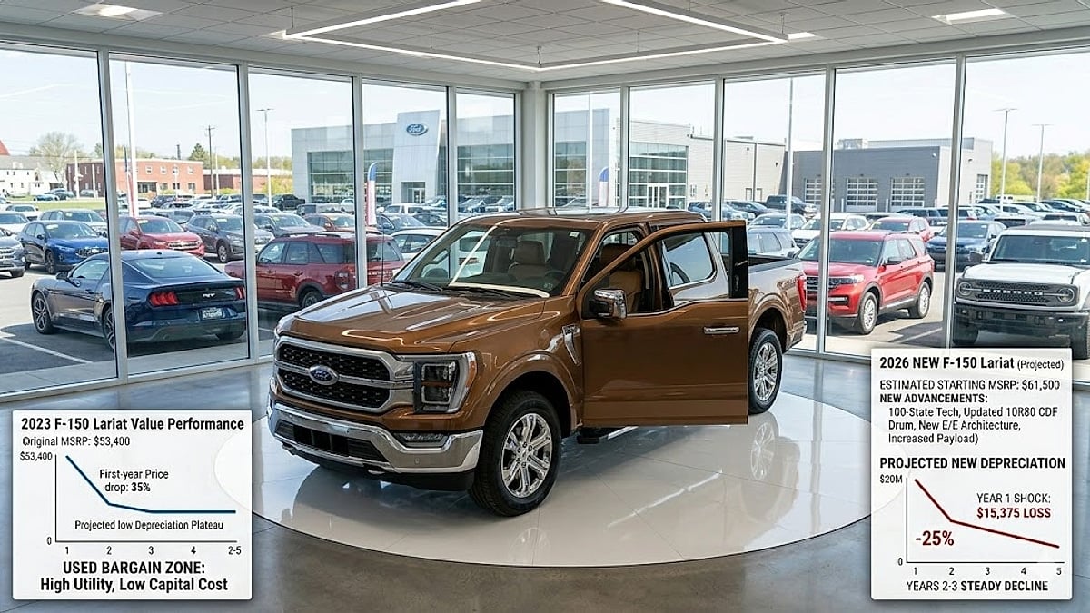 A clean look at the 2026 Ford F-150 Lariat showcasing its updated design and factory powertrain corrections on the showroom floor