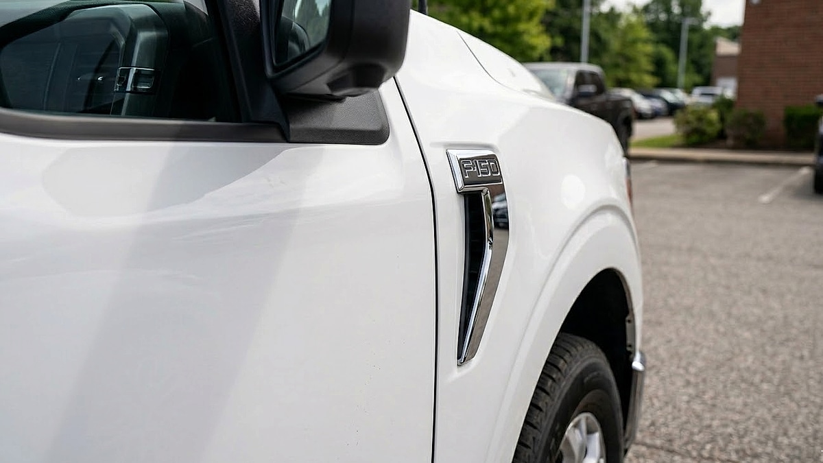 A close-up of a 2024 Ford F-150 showing a slight factory panel misalignment between the front door and fender