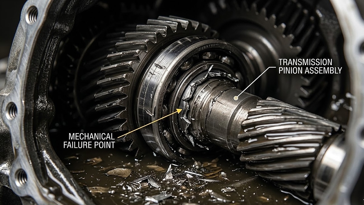 A close-up photograph detailing a damaged transmission pinion assembly, clearly identifying the mechanical failure point with metal debris