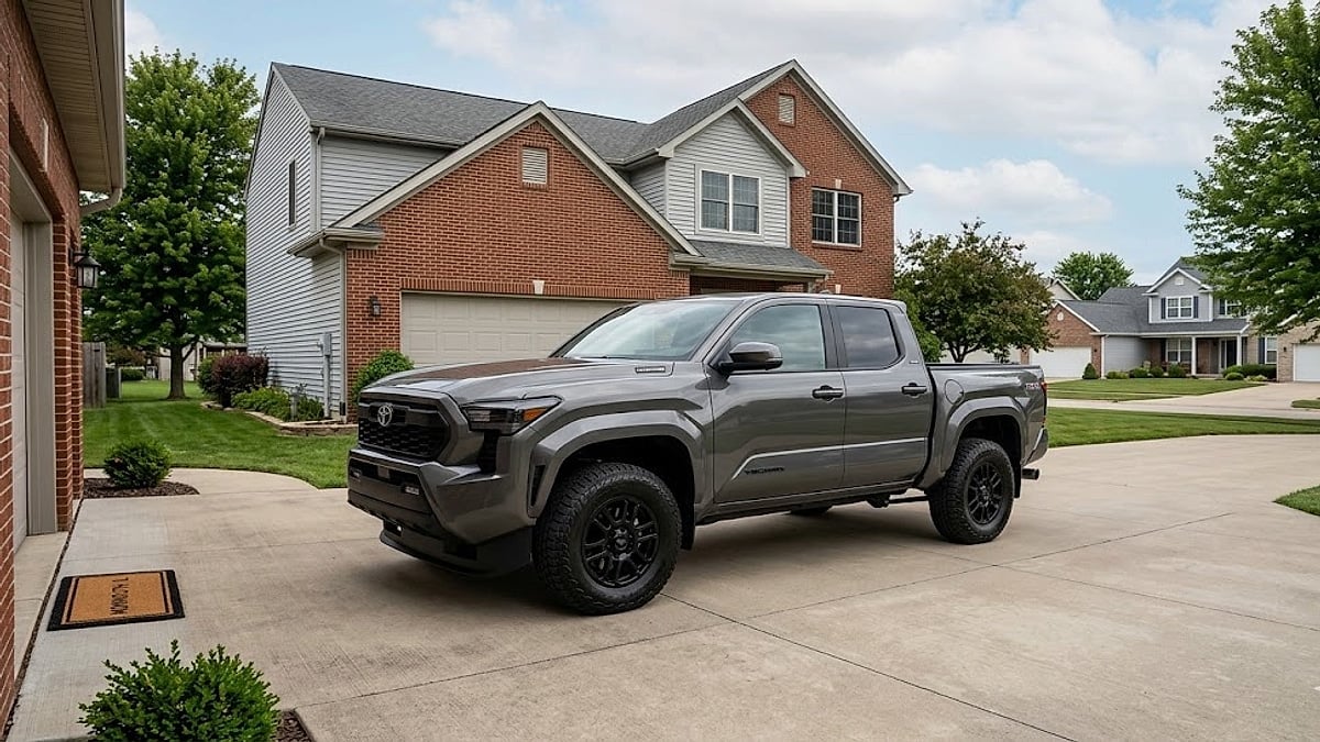 A detailed photograph of a gray 2026 Toyota Tacoma Hybrid Off-Road truck parked on a brushed concrete driveway of a suburban Monmouth, Illinois home