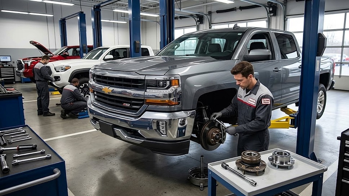 A detailed view of a technician replacing the repetitive front wheel bearings on a previous-generation 2018 Chevy Silverado 1500